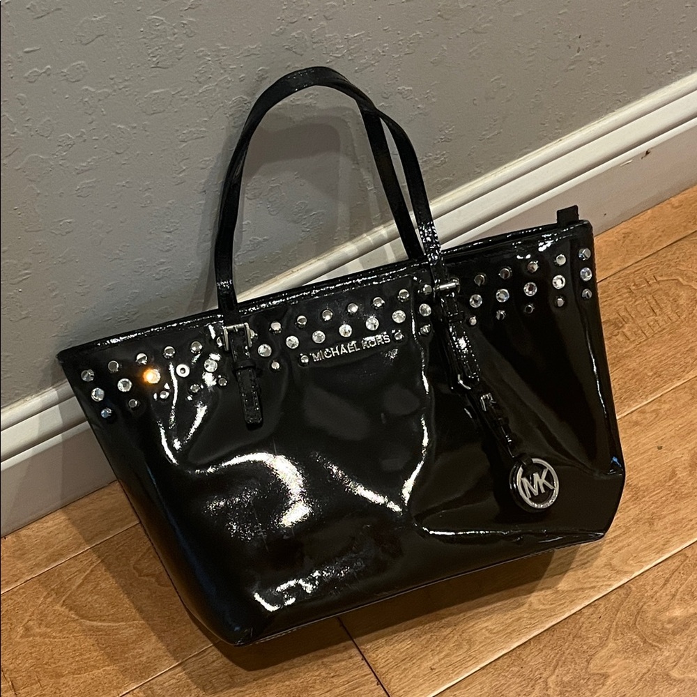 Michael Kors Shiny Black Tote with Silver Accents